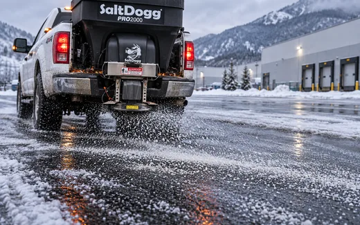 Commercial salt spreader treating a snowy parking lot
